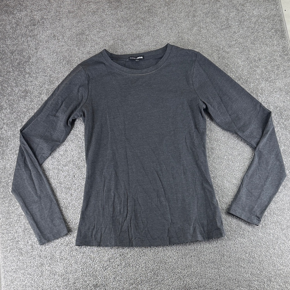 NWT FashionNova Lily Crew Neck Long Sleeve Shirt Gray Womens L